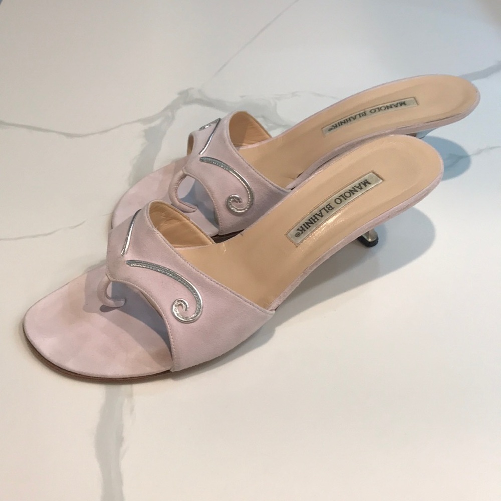 Pink/silver suede kitten Manolo Blahnik sandals